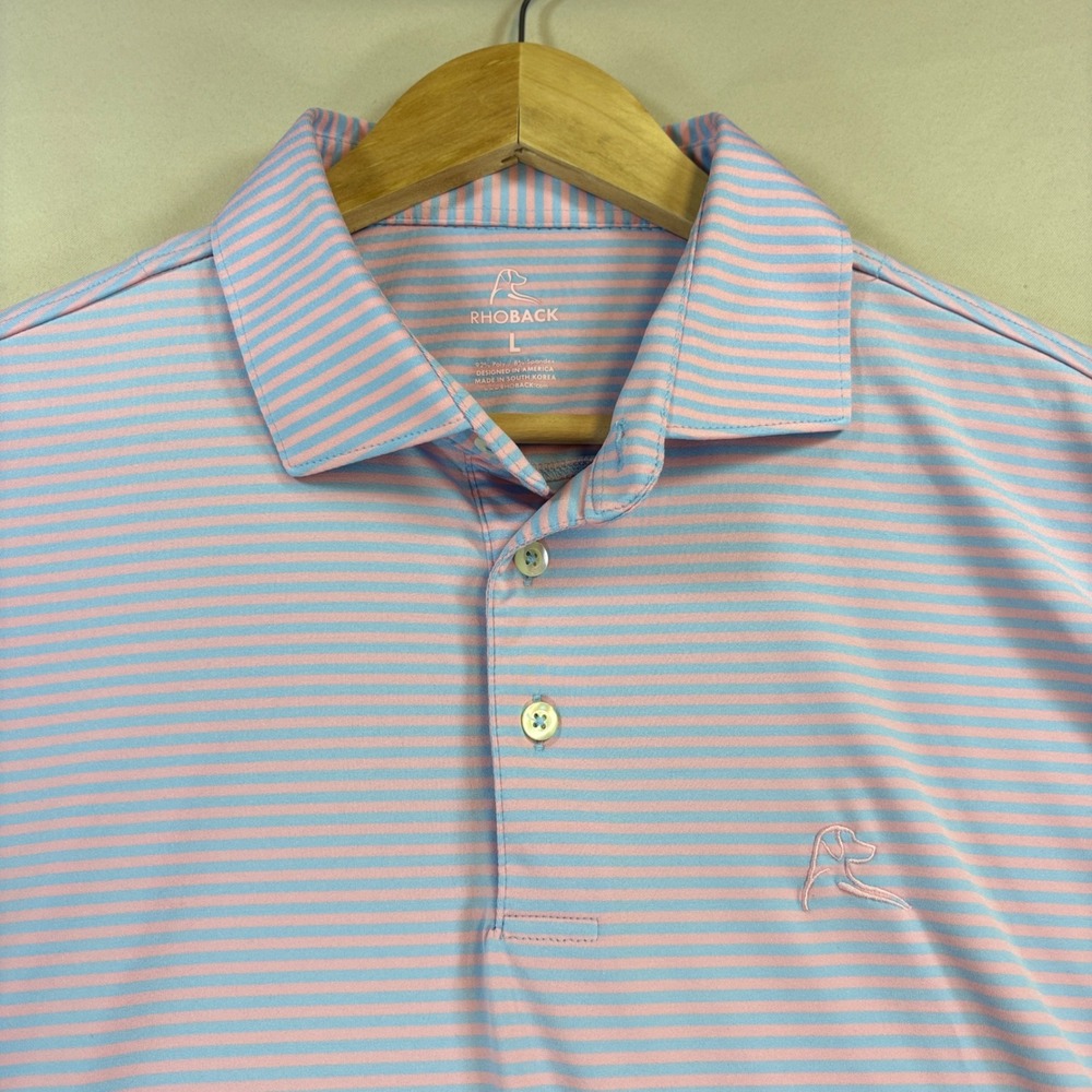 Rhoback Birdie Stripe Polo Mens Large Pink Blue Performance Stretch Golf Preppy